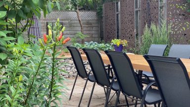 Outdoor dining area in a renovated garden